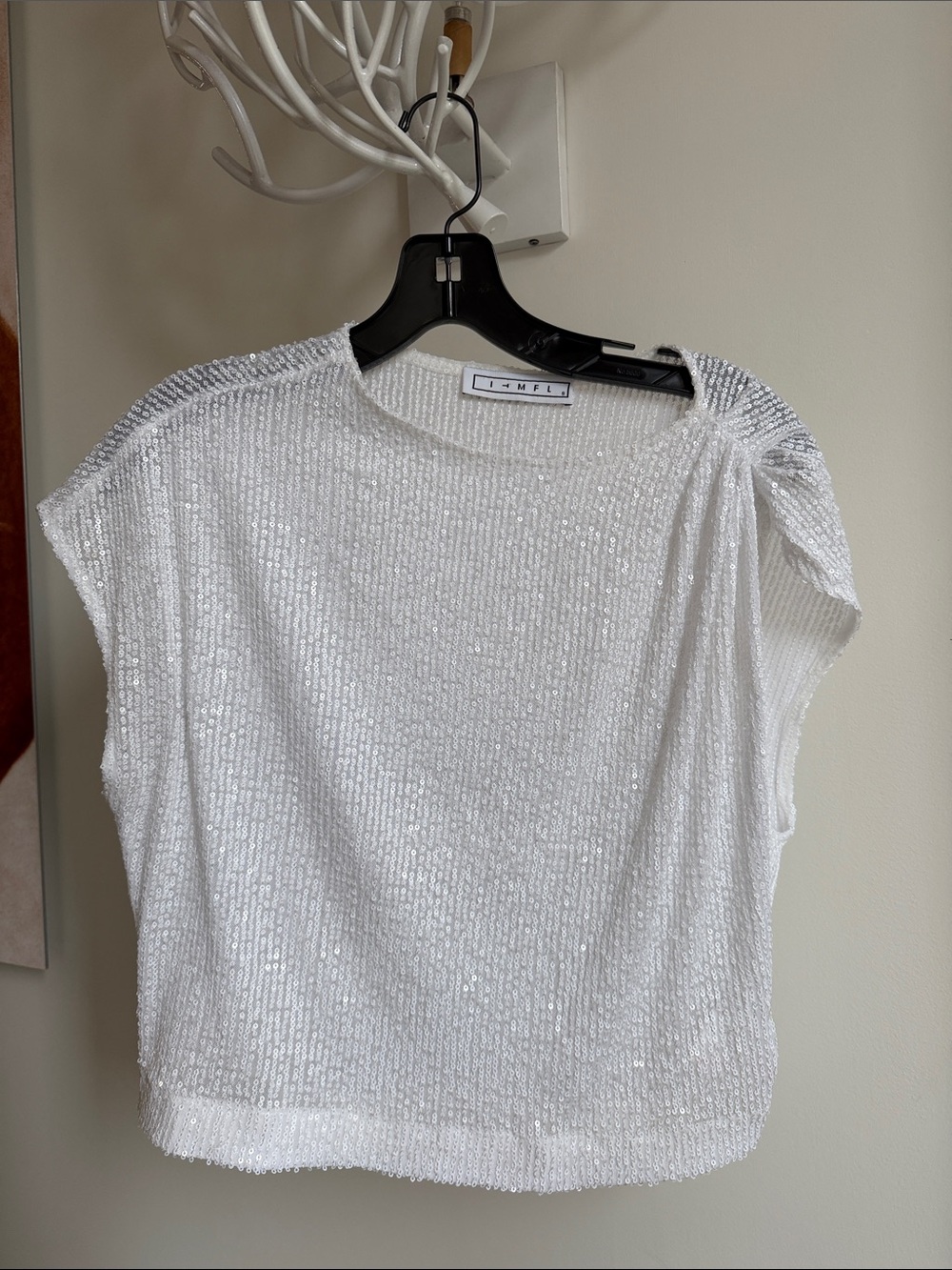 Lumiere White Sequin Short Sleeve Crop Top